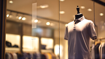 Elegant polo shirt display in the retail storefront with the mannequin to grab the customer's attention. Clothes shopping at the retail store concept. Window shopping.