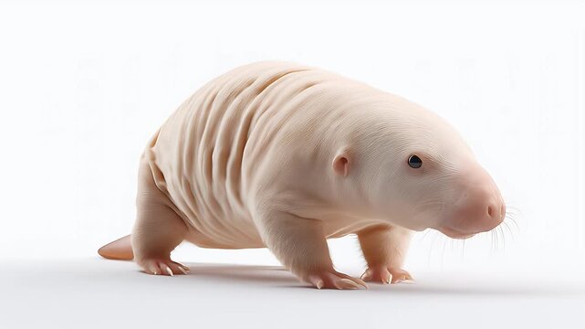 Adorable hairless wombat cub walking on a white background.