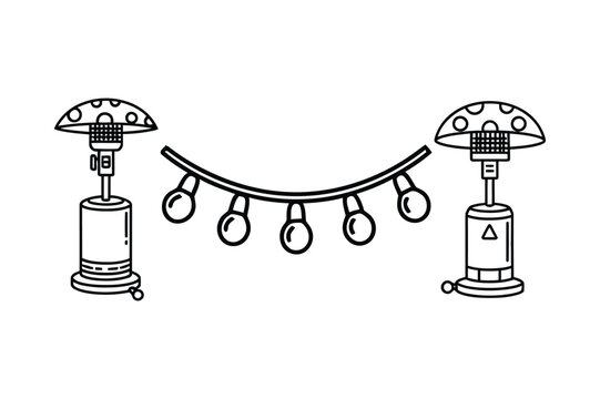 Outdoor patio heaters and string lights illustration