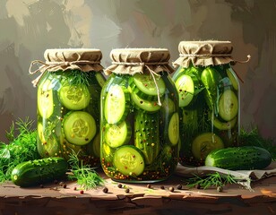 Homemade Pickled Cucumbers in Glass Jars with Dill and Spices