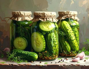 Homemade Pickled Cucumbers in Glass Jars with Dill and Spices