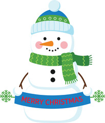 Cartoon snowman with festive hat, scarf, and &ldquo;Merry Christmas&rdquo; banner for winter holiday greeting and seasonal decoration themes.