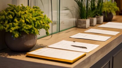 Wellarranged loan application desk including a lush green plant and tidy customer forms highlighting a professional and inviting service area.