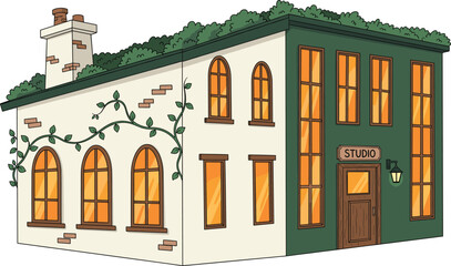 Cartoon studio building with green rooftop, vines, arched windows, and creative facade for architectural and lifestyle themes.