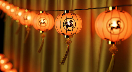 String of orange lanterns featuring horse symbol, set against golden drapes, representing festive occasion, traditional celebration and cultural heritage