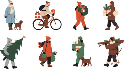 Cartoon winter holiday activity set with diverse characters carrying gifts, trees, wreaths, and pets for festive lifestyle themes.
