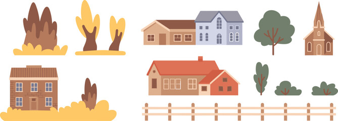 Cartoon village scene with diverse houses, church, trees, and fence for rural, suburban, and architectural illustration themes.