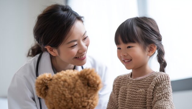 Asian Smiling Woman Doctor Providing Support And Consulting With Young Patient In Hospital, Giving Teddy Bear And Check-Up Information. - Powered by Adobe