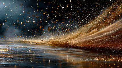 Dynamic golden particles swirling above reflective dark surface in dramatic lighting, abstract luxury motion concept