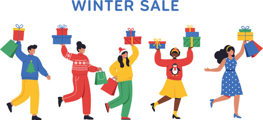 Cartoon winter sale scene with shoppers, gift boxes, and festive outfits for Christmas retail and holiday promotion themes.