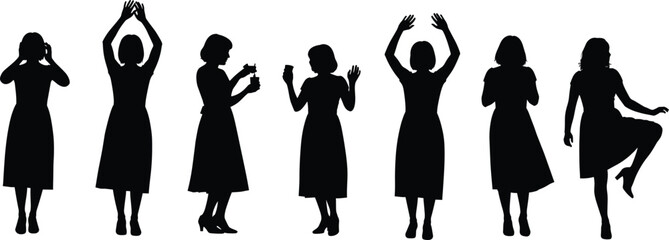 Cartoon woman silhouette set with expressive poses and gestures for lifestyle, motion, communication, and design illustration themes.