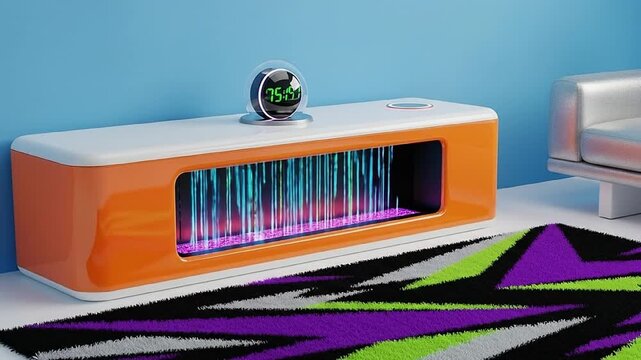 Retro Futuristic Orange Tech Device Neon Lights 3D Render Shaggy Rug Interior Design Pop Art Aesthetic Electronic Clock