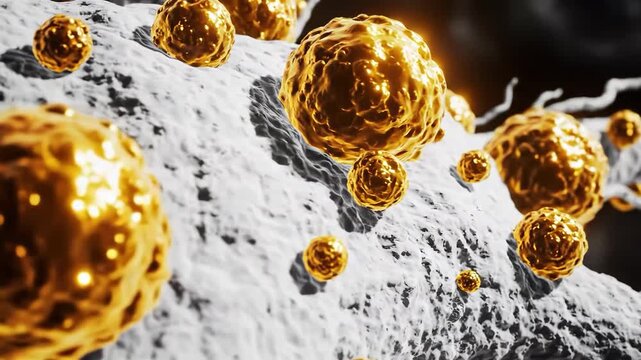 Microscopic view of golden nanoparticles attached to a nerve fiber