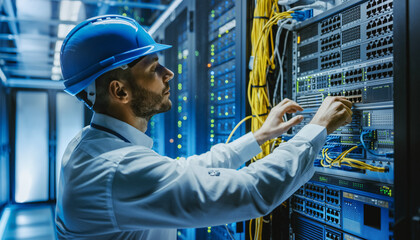 A technician checking cables in a server room