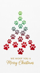 Christmas tree composed of gradient paw print, forming a festive seasonal design, representing joy, pet love, and holiday cheer on a white background