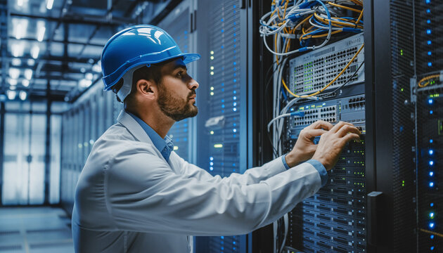 Pracownik techniczny sprawdzający kable w serwerowni