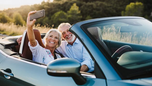 Senior couple taking a selfie while driving a convertible - Powered by Adobe