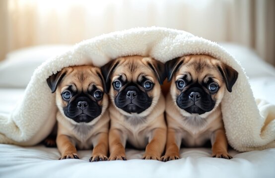 Three pug puppies snuggle together under soft white blanket on bed. Their large dark eyes look curiously at camera, conveying sense of warmth, comfort. These tiny dogs are seeking coziness, safety.