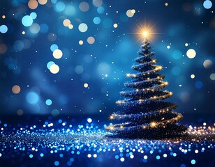 Obraz premium Niebieskie, brokatowe tło ze choinką w formie spirali ze złotych cząstek ze świecącą gwiazdą na czubku