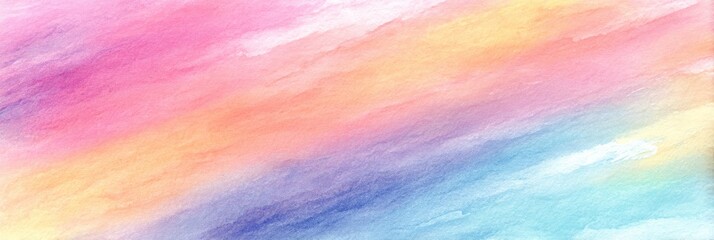 Abstract pastel watercolor paint texture background with smooth rainbow gradient vibrant blend of pink yellow purple and blue diagonal stripes