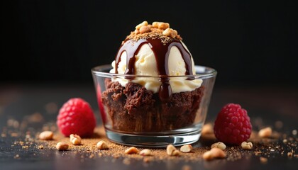 Decadent chocolate brownie served in glass dish topped with vanilla ice cream drizzled chocolate syrup. Nuts and fresh raspberries garnish dessert. Rich sweet treat.