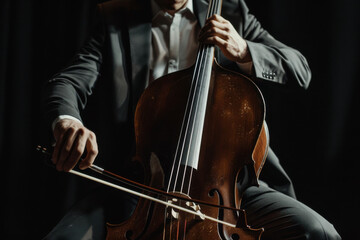 A professional cellist in a suit performing on stage, focused on playing the cello under dramatic lighting.