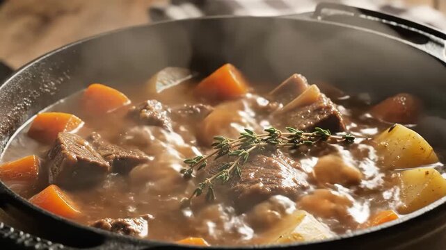 Steaming beef stew with carrots and potatoes in a cast iron pot