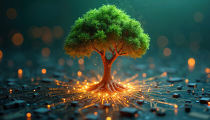 Fototapeta premium Tree grows from circuit board. Tech connects nature reflecting eco friendly innovation. Green sustainable tech concept shows modern solutions that integrate natural eco systems for positive planet.