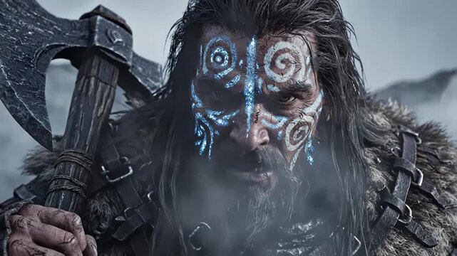 Fierce barbarian warrior with glowing blue war paint holding an axe