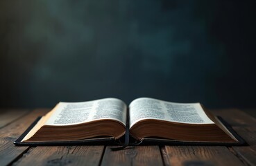 Open Holy Bible rests on weathered wooden table. Dark background suggests solemn reflection. Books pages reveal ancient text faith, spiritual guidance. Represents religious study, belief.