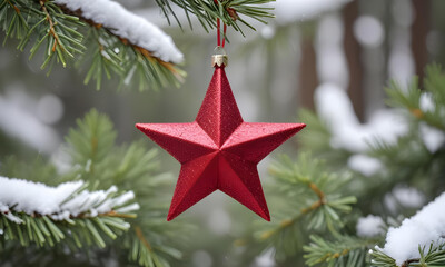 A red glittery star ornament on a snowy surface with blurred green pine branches in the background