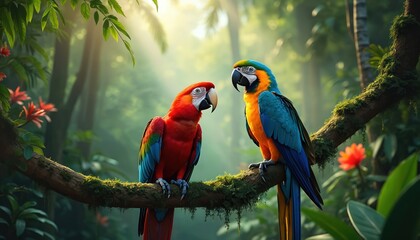Naklejka premium Two colorful macaws perch on mossy tree branch in lush green jungle. Red and blue parrots amid tropical foliage, bathed in soft sunbeams. Exotic birds in rainforest setting.