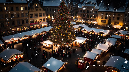 Winter wonderland at a Christmas market. Snow falls on a festive scene with a brightly lit tree, snow-covered stalls, and a crowd of people enjoying the holiday spirit.