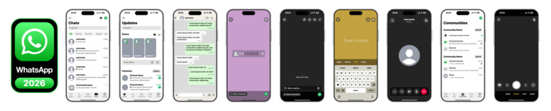 Whatsapp full layout showing chat bubble chat screen status communities camera text and call panels in a detailed modern interface vector illustration