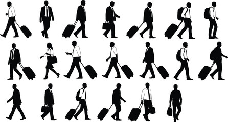 Business traveler silhouettes walking with rolling luggage, professional men commuting, airport travel people icons isolated white background illustration