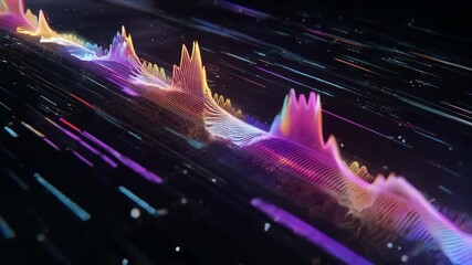 Medium shot of AI interface generating vibrant pop vocal tracks in multiple languages showcasing dynamic sound waves and diverse cultural influences.