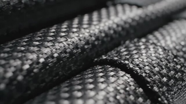 Closeup macro shot of tightly woven black and gray carbon fiber material