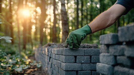 Craftsman lays cinder blocks on a house wall using tools while wearing green gloves and a dark blue uniform jacket at a construction site