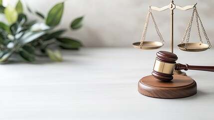 Wooden gavel rests beside a scale of justice on a clean white background, creating an ideal backdrop for legal services promotion