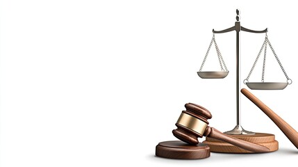Wooden gavel rests beside a scale of justice on a clean white background, creating an ideal backdrop for legal services promotion