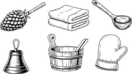 Traditional Sauna Accessories Illustration &ndash; Birch Whisk, Towels, Bucket, Ladle, and Mitt in Black and White for Bathhouse Culture and Wellness Concepts