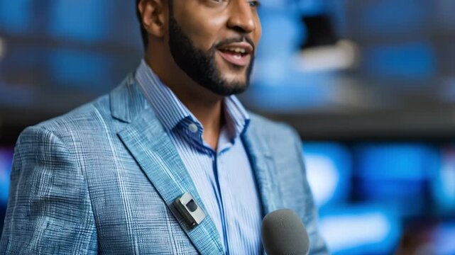 Audio specialist secures compact wireless mic on a presenters lapel inside a bustling TV studio optimizing handsfree communication and mobility
