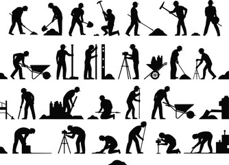 Obraz premium Construction worker silhouettes performing various building and labor tasks, including digging, measuring, surveying, and carrying materials, ideal for industry illustrations, safety graphic