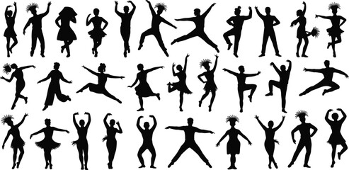 dancing silhouette figures in energetic poses, showcasing diverse dance styles, movement, rhythm, choreography, performance art, and expressive body motion for creative design projects.