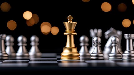 A golden king chess piece stands prominently among silver pawns, symbolizing business competition with a striking black backdrop