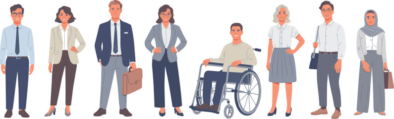 Diverse business professionals standing together, including office workers, executives, and an employee in a wheelchair, representing inclusion, workplace diversity, teamwork