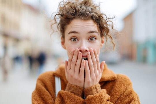 A woman with curly hair is standing on a street and is shocked - Powered by Adobe