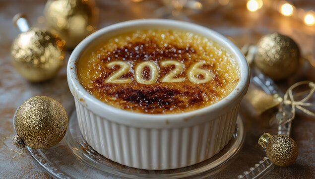 Cisgender cr&egrave;me br&ucirc;l&eacute;e with "2026" written on it, a fun new year's decoration for the table. 