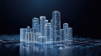 Fototapeta premium Gradient hues of blue and purple illuminate a digital city skyline with glowing white lines and dots under a night sky