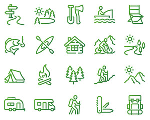 Simple Set of Travel Outdoor Related Vector Line Icons. Contains such Icons as Campfire, Hiking, Camp Trailer and more